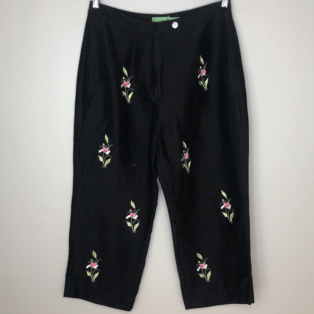 Tibi Women's 8 Black 100% Silk Embroidered Flower Wide Leg Capri Trouser Pants